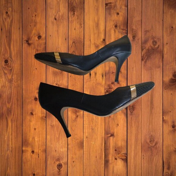 Dune London Women's EU 37 (6.5/7) Black Pointed Toe Gold Accent Pumps Heels - Picture 8 of 9